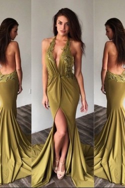 Sexy Mermaid V-Neck Halter Lace Prom Formal Evening Party Dresses 3021390