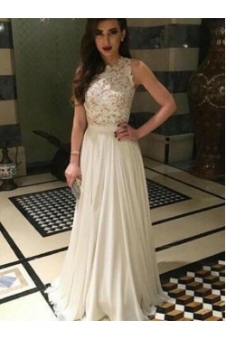 Long White Lace and Chiffon Prom Formal Evening Party Dresses 3021393