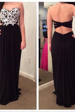 Sheath Long Black Chiffon White Lace Prom Formal Evening Party Dresses 3021394