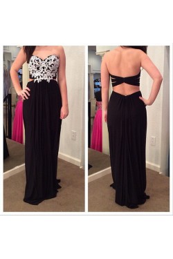 Sheath Long Black Chiffon White Lace Prom Formal Evening Party Dresses 3021394