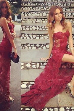 Sexy Lace Long Burgundy Prom Formal Evening Party Dresses with Slit 3021398