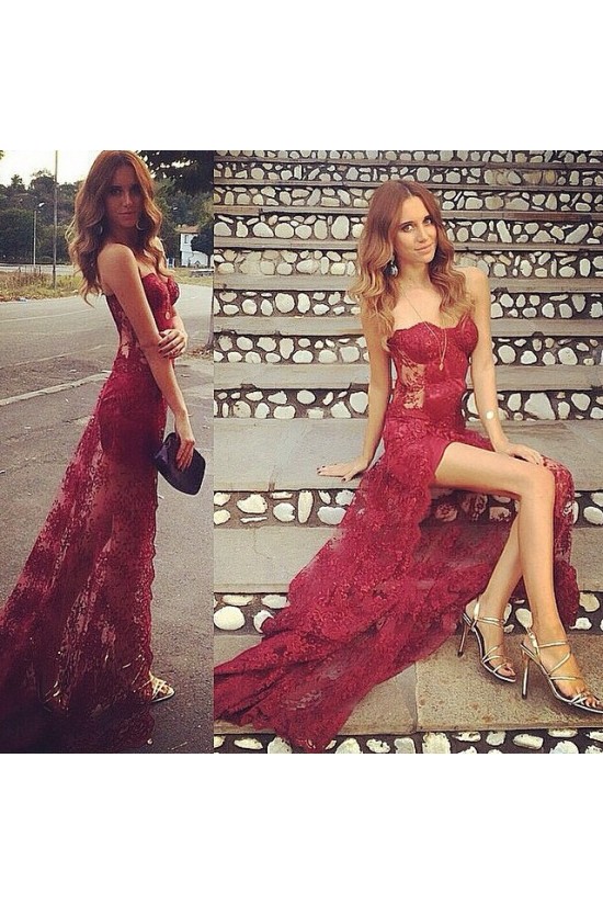 Sexy Lace Long Burgundy Prom Formal Evening Party Dresses with Slit 3021398 Sexy Lace Long Burgundy Prom Formal Evening Party Dresses with Slit 3021398