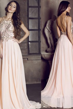 A-Line Beaded Spaghetti Straps Long Chiffon Prom Formal Evening Party Dresses 3021400
