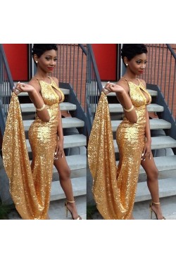 Sexy Gold Sequins Long Prom Formal Evening Party Dresses with High Slit 3021404