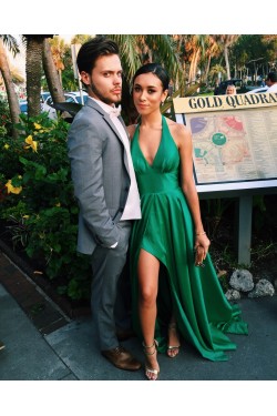 Halter Long Green V-Neck Prom Formal Evening Party Dresses 3021405
