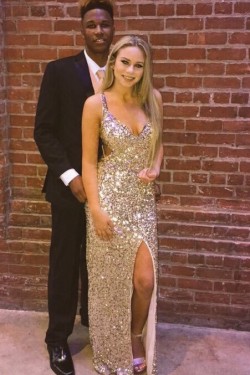 Sexy Sequins V-Neck Long Prom Formal Evening Party Dresses 3021407