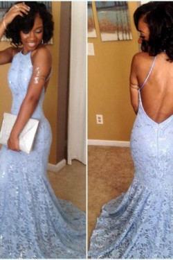 Long Blue Mermaid Lace Prom Formal Evening Party Dresses 3021408