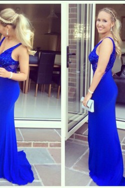 Long Blue Beaded Mermaid Prom Formal Evening Party Dresses 3021409