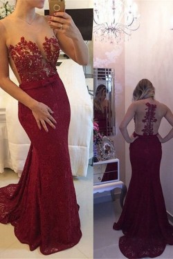 Sexy Mermaid Red Lace Long See Through Prom Evening Formal Dresses 3020141