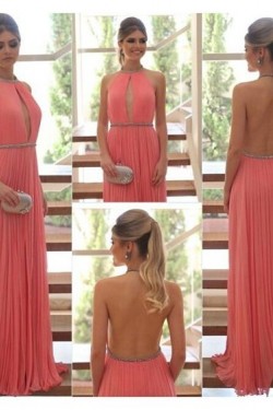 Sexy Halter Backless Chiffon Beaded Prom Formal Evening Party Dresses 3021411