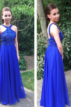 A-Line Long Blue Beaded Prom Formal Evening Party Dresses 3021416