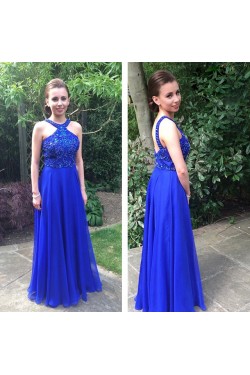 A-Line Long Blue Beaded Prom Formal Evening Party Dresses 3021416