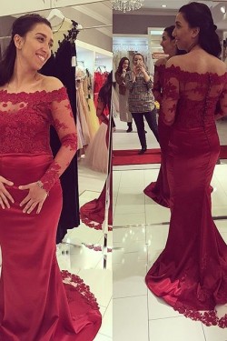Mermaid Long Sleeves Lace Burgundy Prom Formal Evening Party Dresses 3021417