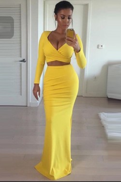 Two Pieces Yellow Long Sleeves Prom Formal Evening Party Dresses 3021418