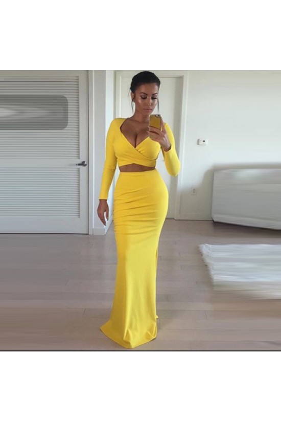 Two Pieces Yellow Long Sleeves Prom Formal Evening Party Dresses 3021418 Two Pieces Yellow Long Sleeves Prom Formal Evening Party Dresses 3021418