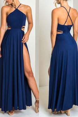 Long Blue Spaghetti Straps Chiffon Prom Formal Evening Party Dresses 3021419