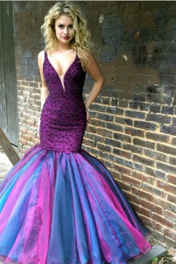 Long Purple Beaded V-Neck Prom Formal Evening Party Dresses 3021425