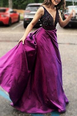 Long Purple V-Neck Prom Formal Evening Party Dresses 3021426