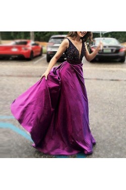 Long Purple V-Neck Prom Formal Evening Party Dresses 3021426