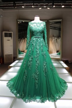A-Line Long Sleeves Green Lace Prom Formal Evening Party Dresses 3021429