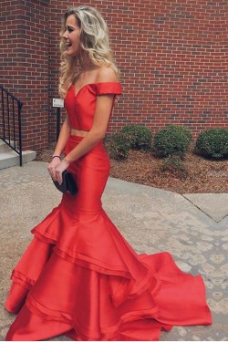 Two Pieces Off-the-Shoulder Mermaid Long Red Prom Formal Evening Party Dresses 3021431