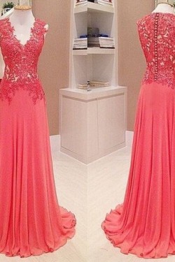 Long V-Neck Chiffon Lace Prom Formal Evening Party Dresses 3021434