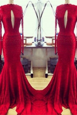 Red Mermaid Lace Long Sexy High Neck Prom Evening Formal Dresses 3020144