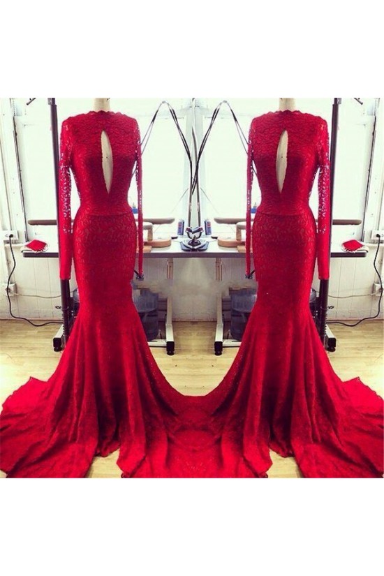 Red Mermaid Lace Long Sexy High Neck Prom Evening Formal Dresses 3020144