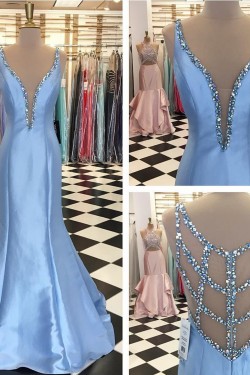 Long Blue Beaded Mermaid Prom Formal Evening Party Dresses 3021450