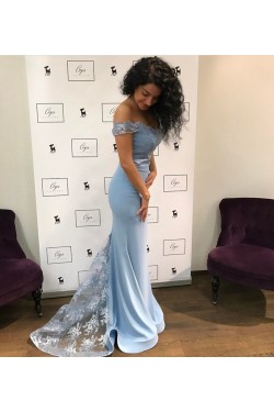 Mermaid Off-the-Shoulder Lace Long Blue Prom Formal Evening Party Dresses 3021451