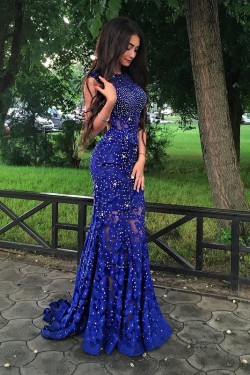 Long Blue Beaded Lace Prom Formal Evening Party Dresses 3021454