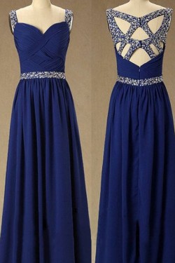 Long Royal Blue Beaded Straps Sleeveless Chiffon Prom Evening Formal Dresses 3020146