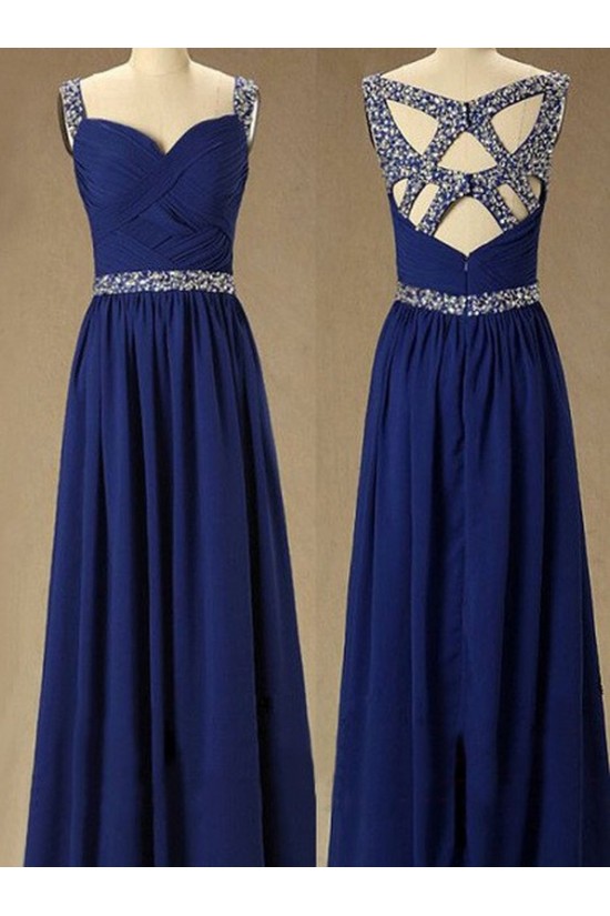 Long Royal Blue Beaded Straps Sleeveless Chiffon Prom Evening Formal Dresses 3020146