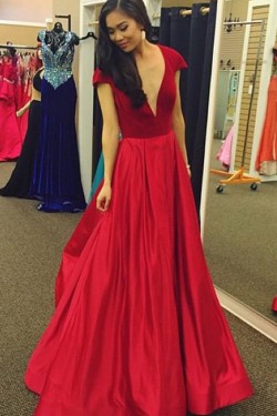 A-Line Long Red V-Neck Cap Sleeves Prom Formal Evening Party Dresses 3021462