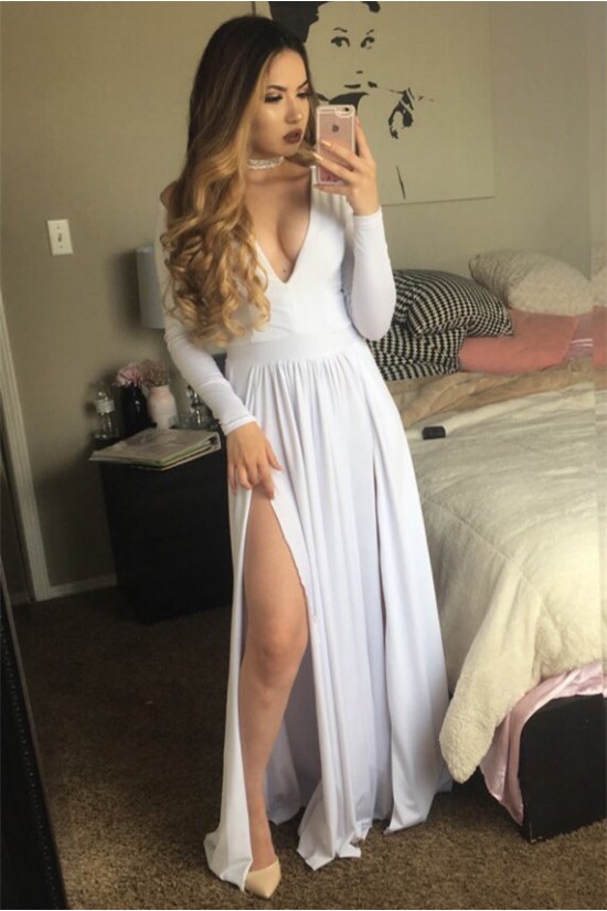 Long Sleeves Deep V-Neck Prom Formal Evening Party Dresses 3021465