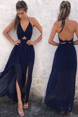 Sexy Halter Long Navy Blue Chiffon Prom Formal Evening Party Dresses 3021467
