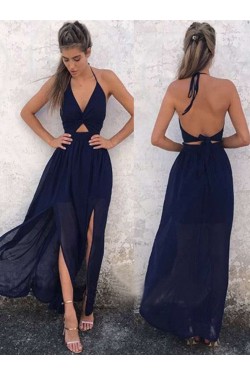 Sexy Halter Long Navy Blue Chiffon Prom Formal Evening Party Dresses 3021467