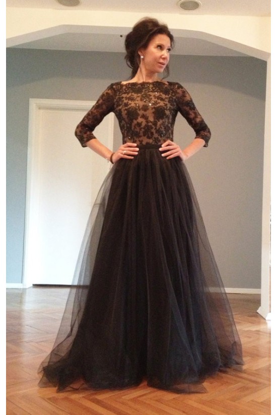3/4 Length Sleeves Lace Top Long Black Mother of The Bride Prom Evening Formal Dresses 3020147 3/4 Length Sleeves Lace Top Long Black Mother of The Bride Prom Evening Formal Dresses 3020147