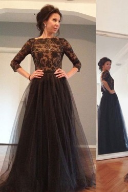 3/4 Length Sleeves Lace Top Long Black Mother of The Bride Prom Evening Formal Dresses 3020147