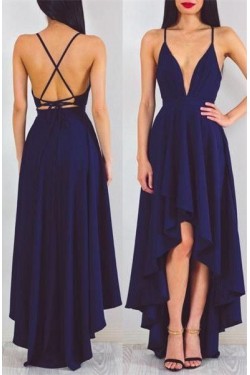 High Low V-Neck Spaghetti Straps Blue Prom Formal Evening Party Dresses 3021470