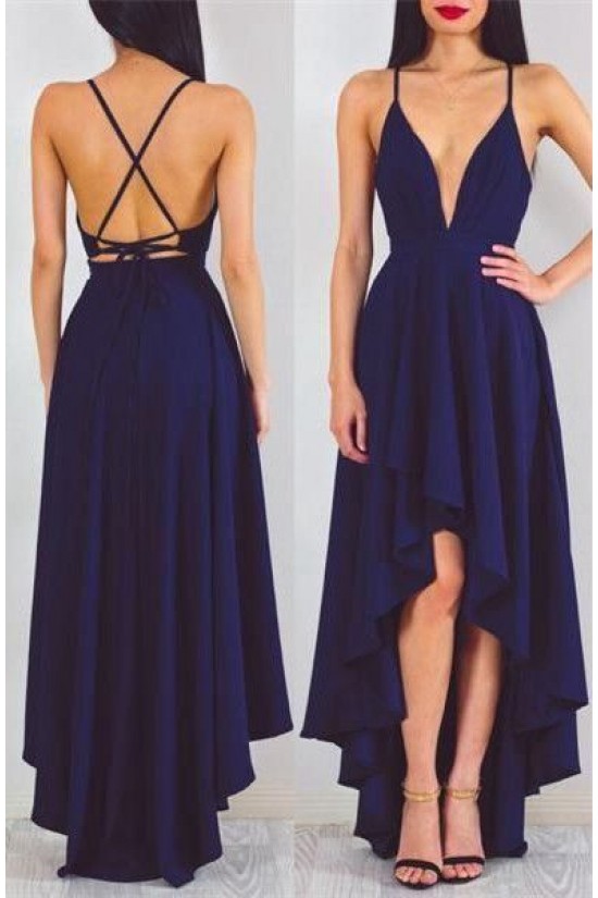 High Low V-Neck Spaghetti Straps Blue Prom Formal Evening Party Dresses 3021470
