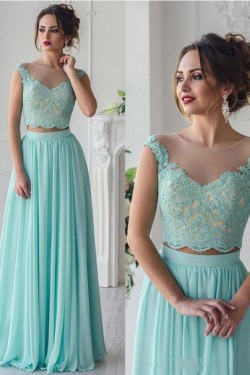 Long Blue Two Pieces Lace Chiffon Prom Formal Evening Party Dresses 3021481