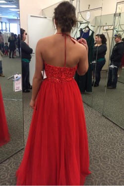Long Red Halter Lace Chiffon Prom Formal Evening Party Dresses 3021485