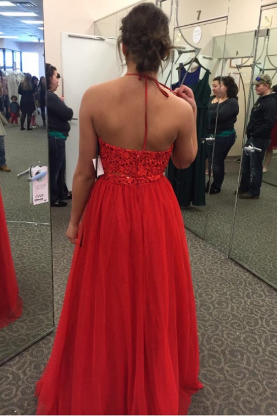 Long Red Halter Lace Chiffon Prom Formal Evening Party Dresses 3021485 Long Red Halter Lace Chiffon Prom Formal Evening Party Dresses 3021485