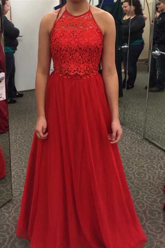 Long Red Halter Lace Chiffon Prom Formal Evening Party Dresses 3021485 Long Red Halter Lace Chiffon Prom Formal Evening Party Dresses 3021485