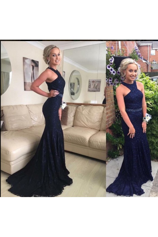 Mermaid Long Blue Beaded Lace Prom Formal Evening Party Dresses 3021486