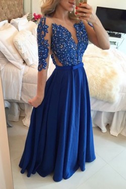 A-Line Long Blue Beaded Lace Prom Formal Evening Party Dresses 3021489