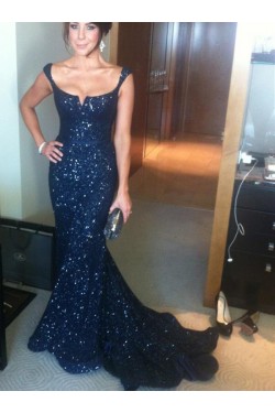 Navy Blue Mermaid Sequins Straps Sleeveless Long Prom Evening Formal Dresses 3020149