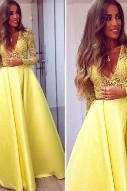 Long Yellow V-Neck Prom Formal Evening Party Dresses 3021490