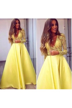 Long Yellow V-Neck Prom Formal Evening Party Dresses 3021490